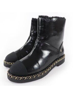 Chanel Coco Mark Boa Leather Short Boots Black 36 Boxes